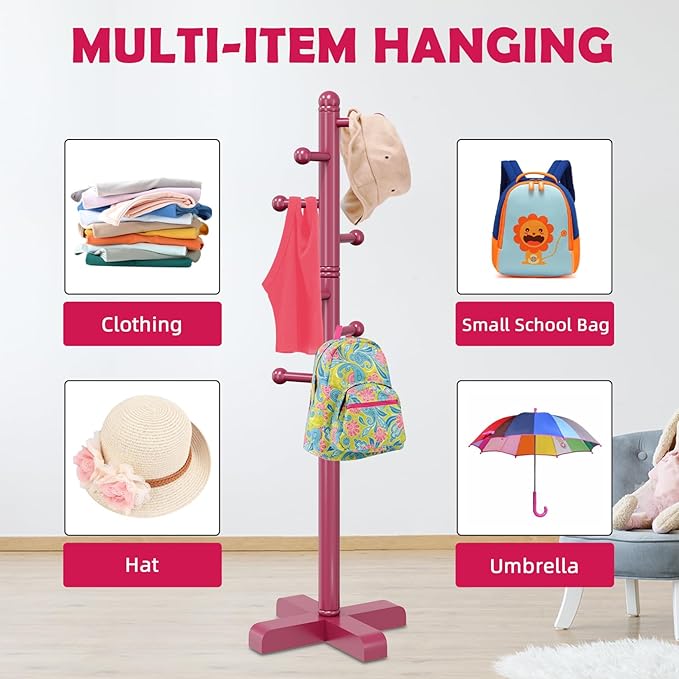 Coat Rack, Freestanding Coat Racks with 8 Hooks 2 Adjustable Height, Tree Coat Rack for Bedroom, Hallway, Entrance, Office, Hats, Handbags,Purse (Dark-Rose)