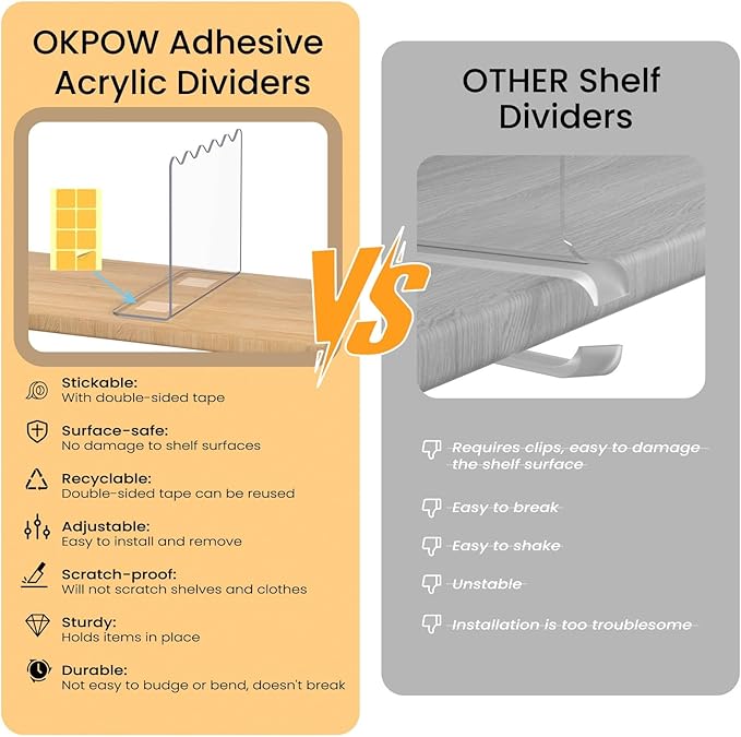 OKPOW Shelf Dividers for Closet Organization: 10" Tall X 12" Deep, Acrylic Clear Separators for Clothes, Vertical Shelf Dividers, Storage for Sweater Purse Handbag Shirts, 8 Pack