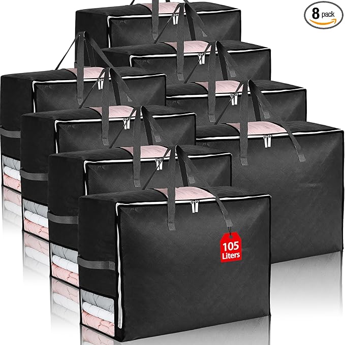 8Pack 105L Extra Large Blanket Comforter Storage Bags, Foldable Storage Bags for King Comforter Bedding Pillow Sheet Clothes with Handles Zippers Clear Window Closet Organizers and Storages, Black