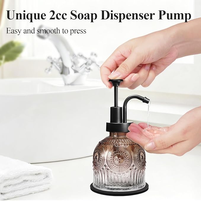SheeChung Vintage Soap Dispenser, Kitchen Dish Soap Dispensers with Pump Mat, Glass Hand Soap Dispenser for Bathroom, Liquid, Lotion, Refillable, Rustic Farmhouse Decor-Brown (Black Pump, 1 pk)