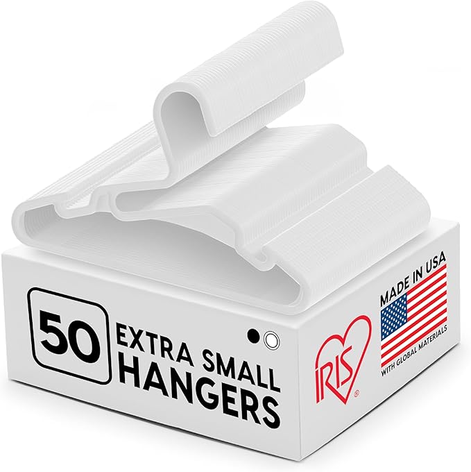 IRIS USA Extra Small Hangers 50 Pack, 11.87" W x 6.75" H, Clothes Hangers with Shoulder Grooves, S- Shaped Design, for Shirt Dress, Durable Flexible, Space Saving Laundry Room Closet Organizer, White