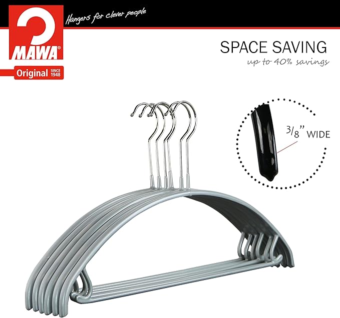 Mawa by Reston Lloyd Non Slip Metal Clothing Hanger, Smooth Shoulder Support with Skirk Hooks/Pant Bar, Model 42-U,Silver