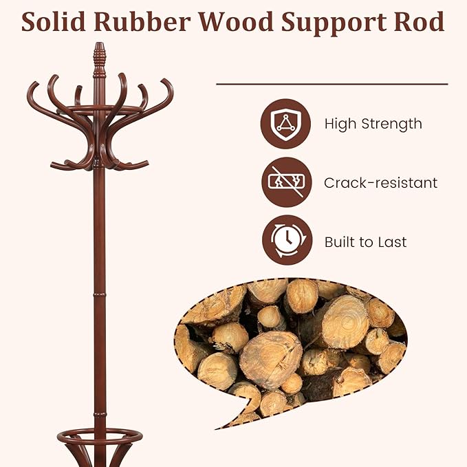 GOFLAME 73" Coat Rack Freestanding, Wooden Coat Tree with 12 Hooks and Umbrella Stand, Entryway Hall Tree, Hat Hanger Organizer, Coat Rack Stand for Coats, Hats, Scarves, Easy Assembly, Reddish Brown