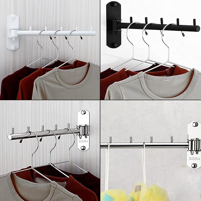 Pack of 2 Folding Wall Mounted Clothes Hanger Rack with Swing Arm Stainless Steel Heavy Duty Coat Hook for Bathroom, Bedroom, Laundry Room - White