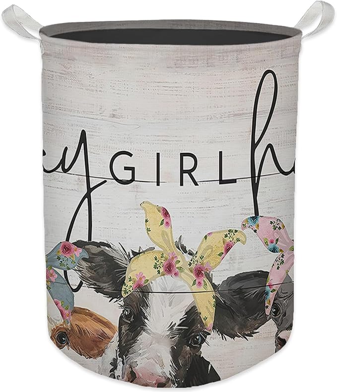 Farmhouse Cow Laundry Basket, Hay Girl Hay Waterproof Collapsible Laundry Hamper Dirty Clothes Storage Toy Bin Organizer for Girls Kids Room Bathroom Bedroom Nursery