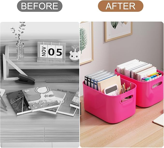 6 Pack Pink Storage Bins with Lids Stackable Storage Container for Organizing, Storage Boxes with Handle for Shelves, Cute Storage Bin for Craft, Snacks, 9.85x6.9x5.7 inch