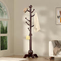 Hall Tree, Freestanding Wood Tree Rack with 7 Hooks, Coat Rack with Stable Sphere Base, Wooden Coat Rack Stand, Load 210 lb, Coat Hanger Stand for Entryway, Hallway, Bedroom (Black-Red)