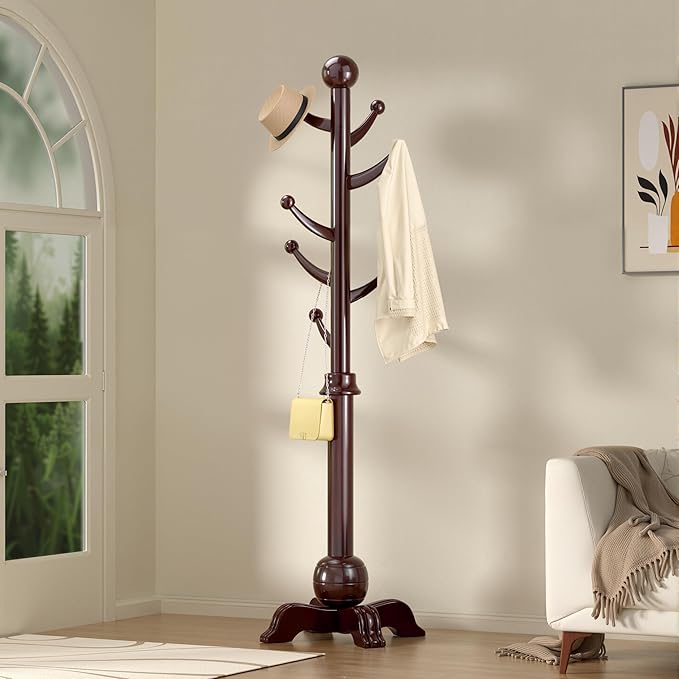 Hall Tree, Freestanding Wood Tree Rack with 7 Hooks, Coat Rack with Stable Sphere Base, Wooden Coat Rack Stand, Load 210 lb, Coat Hanger Stand for Entryway, Hallway, Bedroom (Black-Red)