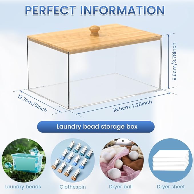 Acrylic Dryer Sheet Holder, Clear Dryer Sheet Container with Bamboo Lid and Labels, Dustproof Laundry Pods Container, Dryer Sheet Dispenser Box for Laundry Room Organization and Storage