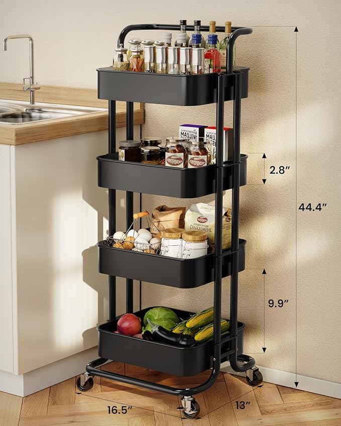 Pipishell 4 Tier Mesh Utility Cart, Rolling Metal Organization Cart with Handle and Lockable Wheels, Multifunctional Storage Shelves for Kitchen Living Room Office White, PIUC12B