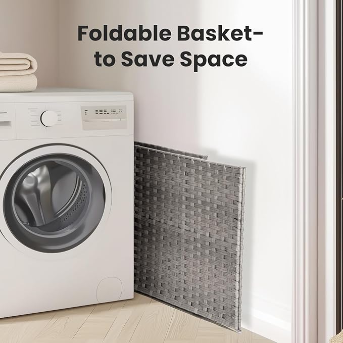 NEWBULIG Foldable Laundry Hamper with Lid, 23.8 Gallon (90L) Large Capacity Clothes Basket, Double Insert Storage Organizer Bin for Bedroom, Bathroom & Laundry Room, Grey