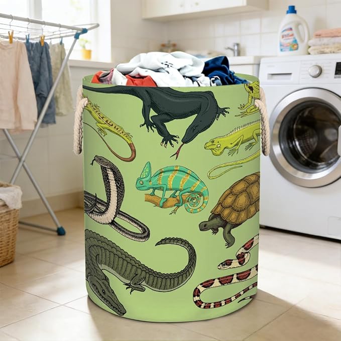 Laundry Hamper - Reptiles Snakes Lizards 58L Collapsible Waterproof Large Tall Nursery Storage Baskets Bin for Kids Toys, Clothes, Bathroom, Boys Bedroom Comic Hero Decor, Gift Basket