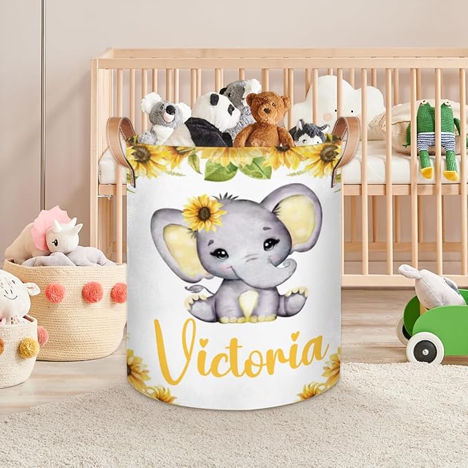 Personalized Laundry Basket, Custom Gift Laundry Hamper, Collapsible Nursery Waterproof Laundry Baskets, Dirty Clothes Toy Hamper with Handles Girl Elephant Sunflower