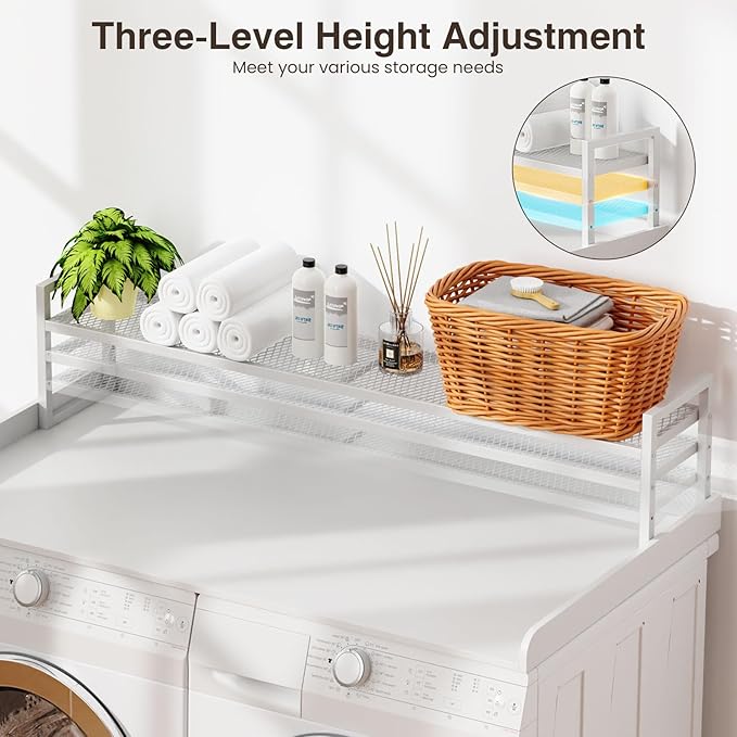 Washer Dryer Countertop with Shelf, 54" x 27.5" Wooden Washer and Dryer Topper, Laundry Countertop with Anti-Slip Pads, Washer Dryer Topper for Laundry Room Organization and Storage (White)