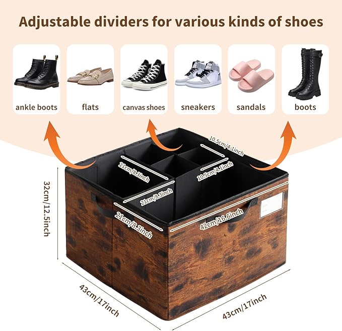 Varhomax Shoe Organizer Box for Closet 2 Pack, Fabric Shoe Storage Bin with Adjustable Dividers & Clear Cover, Holds up 16-32 Pairs of Sneakers & Sandals for Entryway, Cubby (Rust Brown)