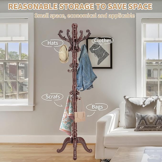 ZOZOE Wooden Classic Coat Rack Stand, Solid Wood Coat Rack Freestanding with 14 Hooks, Vintage Coat Racks with Sturdy Triangle Base, Natural Birch Wood Coat Tree Stand for Entryway Hallway