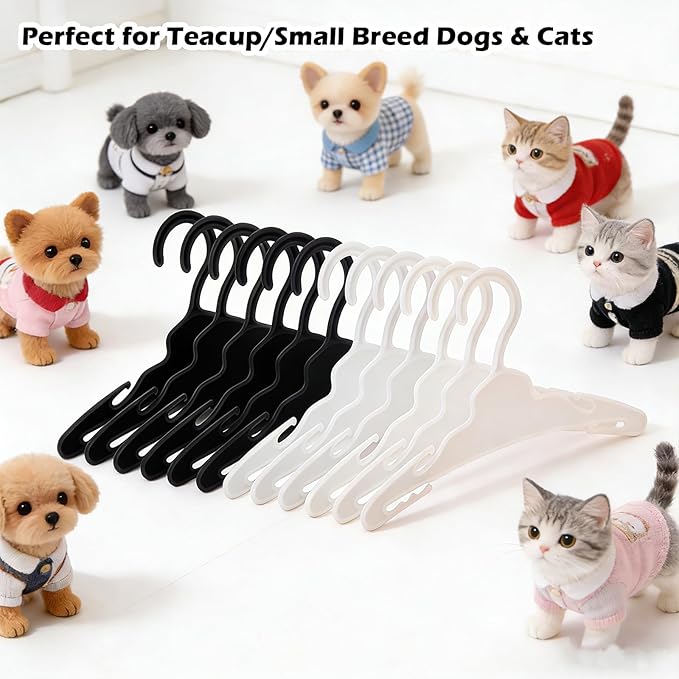 24Pcs Dog Clothes Hangers for Small Dogs & Cats, 7 Inch Non-Slip Durable Plastic Pet Hangers for Chihuahua/Maltese/Yorkie Outfits, Black & White Mix