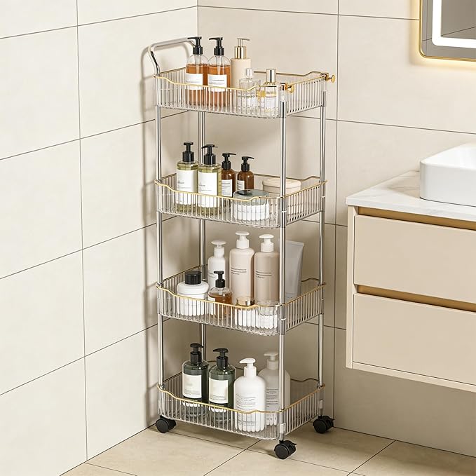 4-Tier Acrylic Rolling Storage Cart, Rolling Utility Cart, Kitchen Storage Cart with Wheels for Bathroom,Living Room, Kithcen, Office Storage and Organization (14''X10''X37'')(Clear)