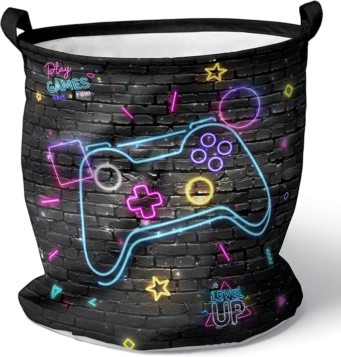 Gamer Laundry Basket Boys Hamper Foldable Kids Clothes Hampers Storage Basket Toy Organizer Boys Bedroom Decor (Neo gamepad, 43L)