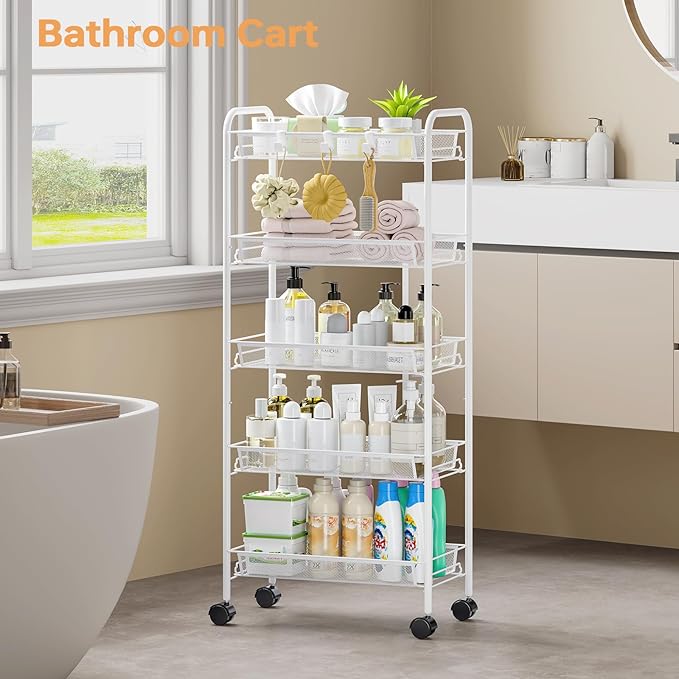 TOOLF 5-Tier Rolling Cart, Metal Utility Cart with 3 Hooks, Easy Assemble Mobile Storage Trolley On Wheels, Metal Shelving Units Kitchen Bathroom Laundry Room