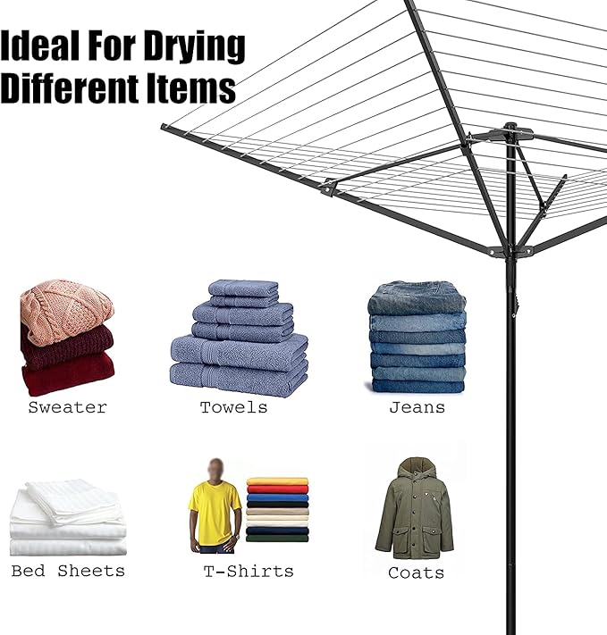 Nisorpa Outdoor Umbrella Drying Rack,12 Lines with 165 Feet Umbrella Clothesline Outdoor Dryer Clothes Line, 4 Arm Steel Frame Adjustable Height Retracting Collapsible Clothes Drying Rack for Backyard