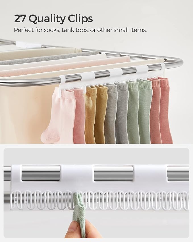 SONGMICS Clothes Drying Rack, with Sock Clips, Metal Laundry Rack, Foldable, Space-Saving, Free-Standing Airer, with 2 Height-Adjustable Gullwings, Indoor Outdoor Use, Silver and White ULLR052W01