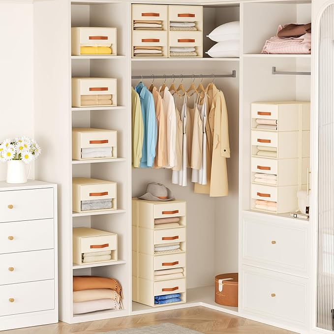 DIMJ Closet Organizers and Storage - Pull-out Fabric Bins with Drawers for Closet Foldable Clothes Organizers with Clear Window, Stackable Storage Drawers for Bedroom,Living Room,Shelf,6-Pack, Beige