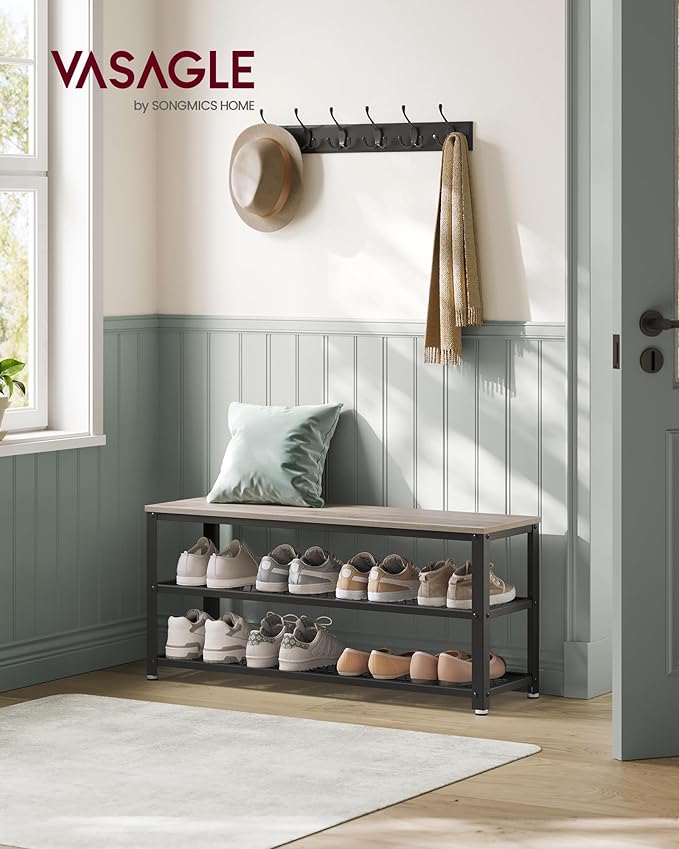 VASAGLE 3-Tier Shoe Rack, Shelf Storage Bench with Metal Mesh Shelves and Seat, Free Standing Shoe Organizer for Entryway, 11.8 x 39.4 x 17.7 Inches, Greige and Black ULBS078K01