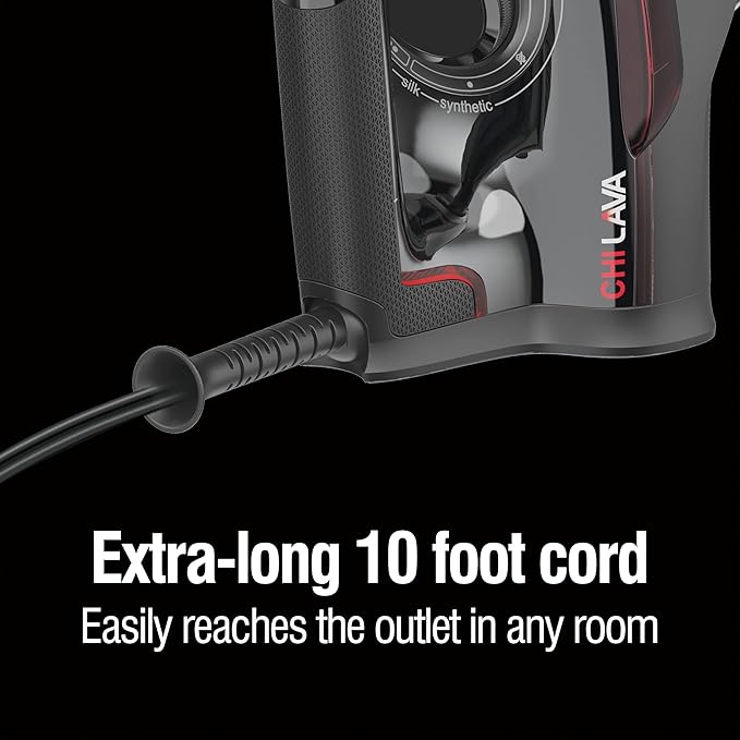 CHI Steam Iron for Clothes, 300+ Holes for Powerful Steaming, Temperature Dial, 1700 Watts, XL 10’ Cord, Auto Shutoff, Lava Infused Ceramic Soleplate, Black (13130)