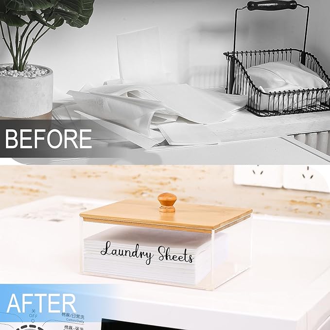 Acrylic Laundry Sheet Holder with Bamboo Lid, Laundry Detergent Sheet Container/Holder/Dispenser, laundry Room Organization and Storage