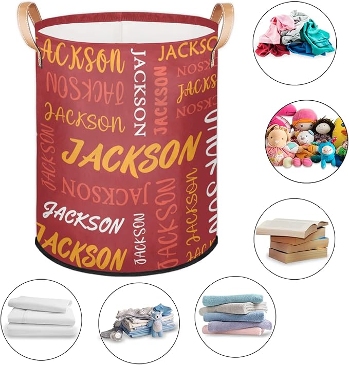 Custom Name Large Laundry-Basket for Kids-Boys-Girls, Personalized Foldable Waterproof Laundry Hamper Dirty Clothes Toys Storage Bin with Handles,Red