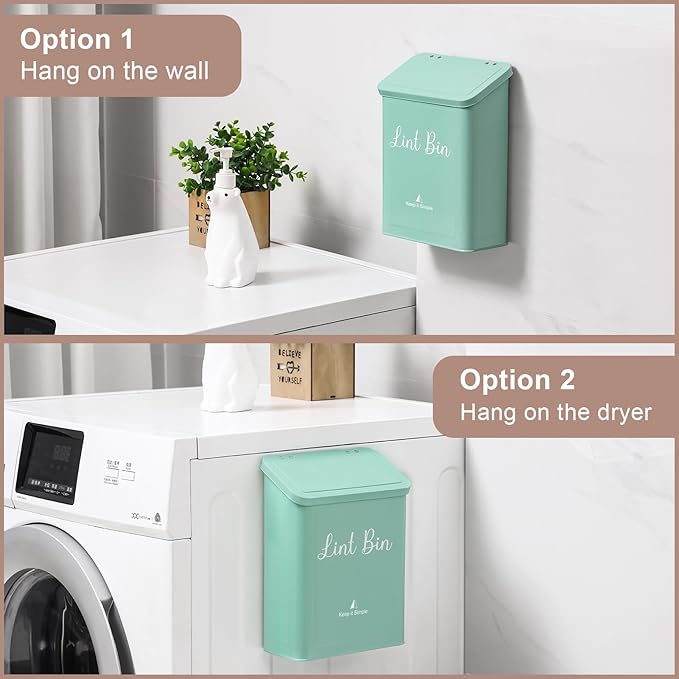 SUBEKYU Metal Magnetic Lint Bin for Laundry Room, Wall Mounted Lint Box Holder with Lid for Dryer, Light Green
