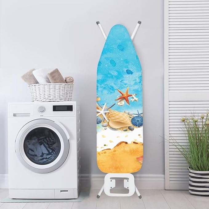 Beach Starfish Shells Non Stick Scorch Ironing Board Cover, Stain Resistant Easy to Install & Clean Fabric Iron Pad Covers with 3 Hooks and Loops for Living Room Decor