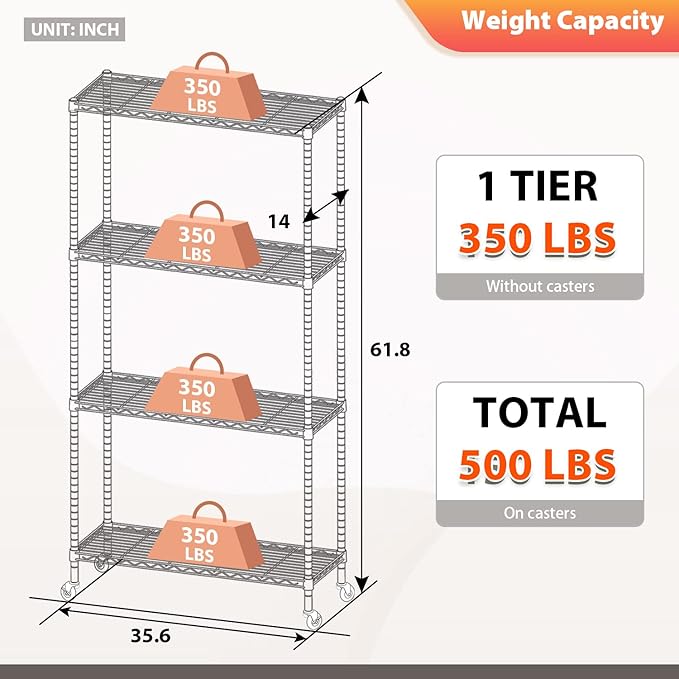 FDW | 4-Tier Wire Storage Shelves with Wheels | 36"x14"x62" | Black | Adjustable Racks | Heavy-Duty Metal Shelf, Holds Upto 500 lbs | Tool-Free Assembly, Rust-Resistant | for Home & Garage Shelving