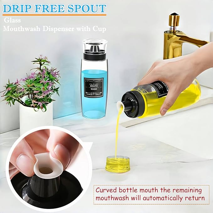 1 Pack Glass Mouthwash Dispenser, Leakproof Mouth Wash Container Bottle with Cup Lid, 9.5 OZ Refillable Clear Mouthwash Dispensers Decanter for Bathroom Farmhouse Decor/6 Pcs Label