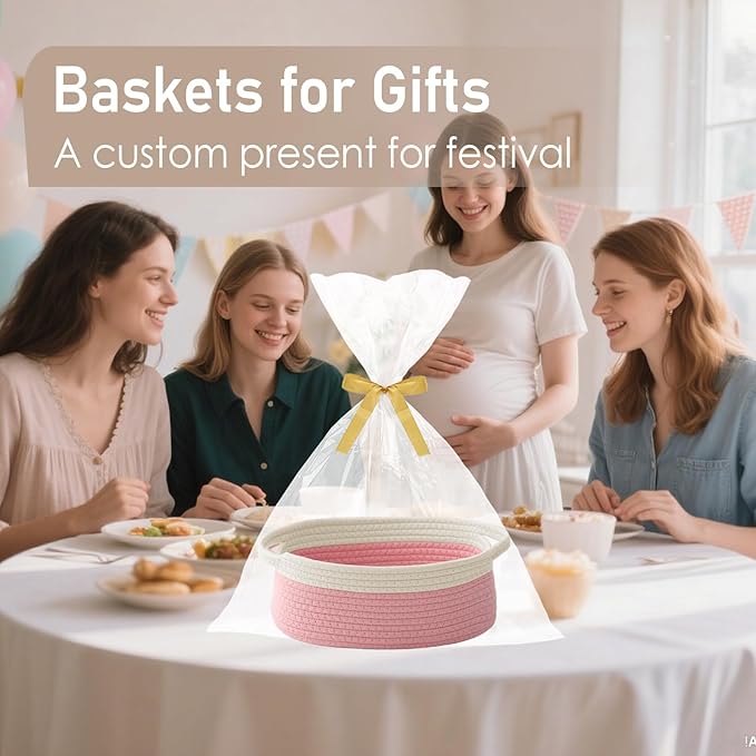 Woven Basket,Small Rope Storage Bin with Handles & Ribbon Bag, Organizer for Shelves Closets,Gift Basket Empty for Birthday,Books,Dog Toys, White&Pink/3 Pack