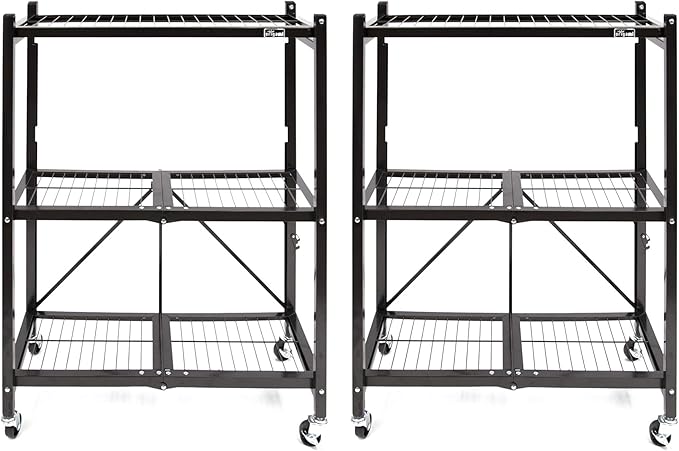 Origami 2-Pack General Purpose Foldable 3-Tier Shelf Storage Rack & Wheels, R3, Black