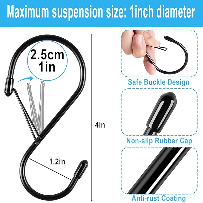 S Hooks for Hanging Plants, 4 Inch Large Heavy Duty S Hooks with Safety Buckle & Stopper Non Slip, 10 Pack Black Metal Closet S Hook for Hanging Clothes, Kitchen Utensil, Jeans, Curtains, Towels, Bag