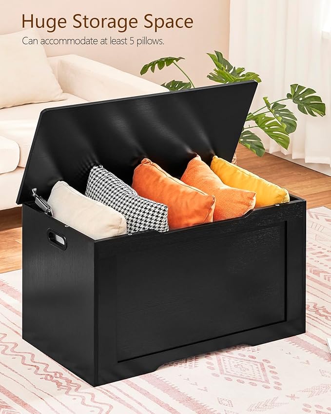 usikey 29.5” Storage Chest, Toy Box with Safety Hinge & Gel Bumpers, Toy Chest, Lift Top Storage Trunk, Supports 220 lb, for Living Room, Bedroom, Entryway, Black