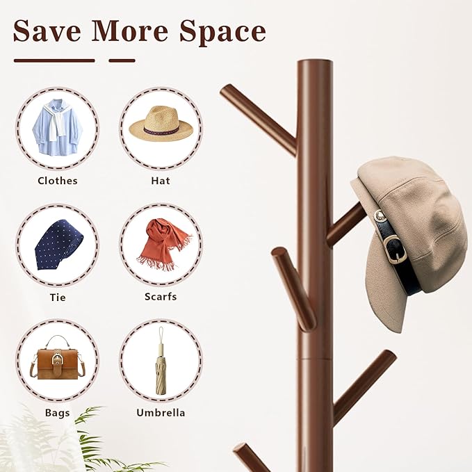 Wooden Coat Rack Freestanding with 8 Hooks,Easy Assembly New Zealand Pine Tree Coat Racks, 3 Adjustable Sizes for Clothes, Hats, Bags, for Entryway, Hallway, Bedroom, Office (Brown, 2 PCS)