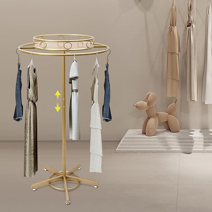 Round Garment Rack Floor Standing Rotating Clothes Hanging Rack with Topper 3.38-5.02ft Height Adjustable Retail Display Stand Metal Commercial Clothing Organizer Stand (Gold)