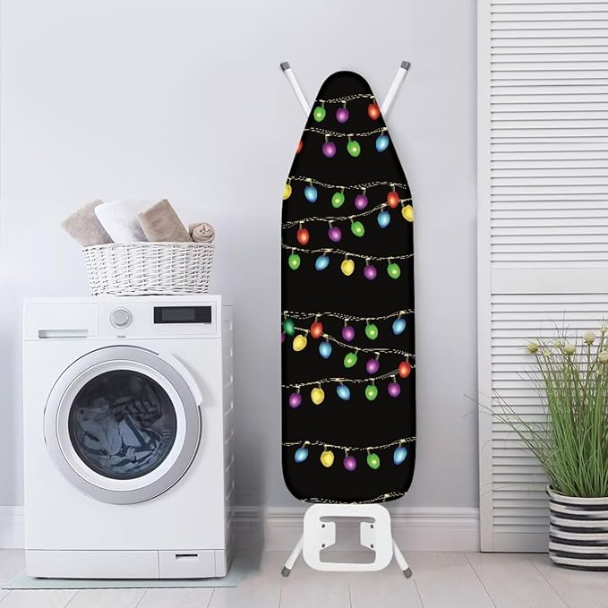 Christmas Colorful Lights Standard Size Iron Pad Covers Tolerates High Temperature Anti-Dirty Durable Ironing Board Replacement Cover with Hook and Loop Fastener Strap