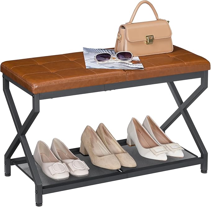 HOOBRO 29.5" L Shoe Bench, Shoe Rack Bench with PU Leather Cushion, Shoe Storage Organizer for Front Door Entrance, 2-Tier Entryway Bench for Small Space, Loads 300 lb, Whiskey Brown CB24HX01