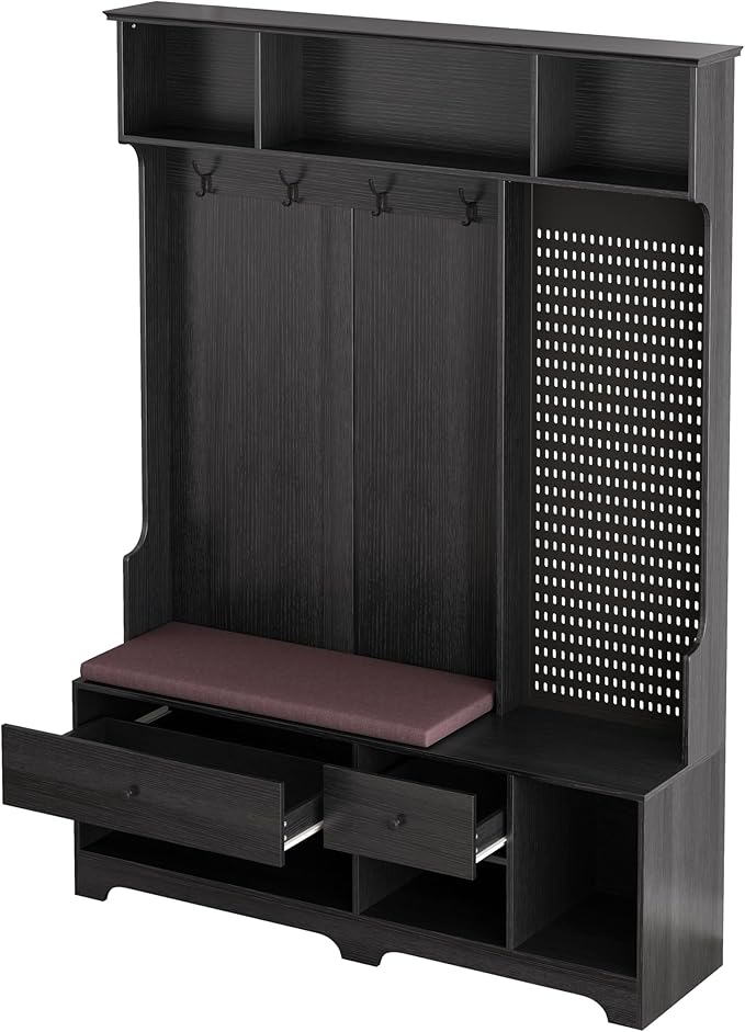 All-in-One Design Hall Tree with Removable Linen Cushioned, Entryway Bench, Coat Rack, Storage Shelves, DIY Pegboard, 4 Hooks, Multi-Purpose Hall Tree for Hallways Living Room