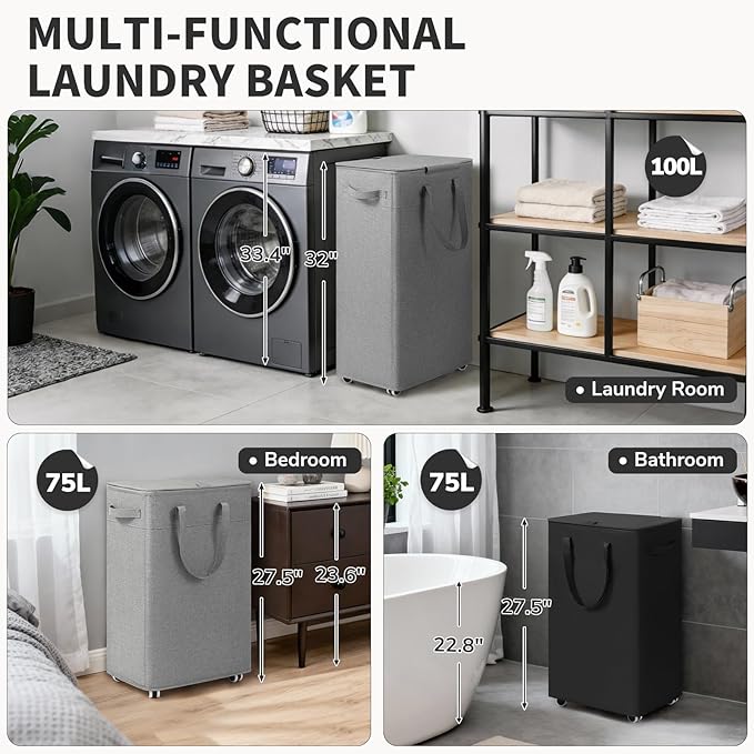 Goodpick Laundry Basket with Wheels and Lid, 100L Collapsible Basket with Removable Wash Bag, Extra Large Rolling Laundry Hamper for Dirty Clothes Blankets, Light Grey, 17.2" x 13.2" x 32"