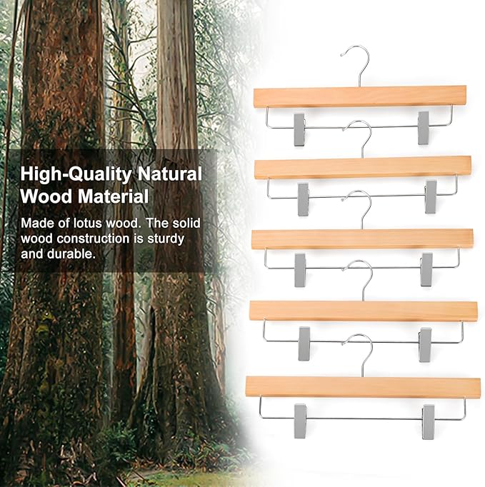 TOPIA HANGER Lotus Wood Pants Hangers, Natural Wooden Skirt Short Jeans Trouser Hanger with Smooth Surface 360° Swivel Hook Anti Rust 2 Adjustable Clips, 10 Pack, CT10PY