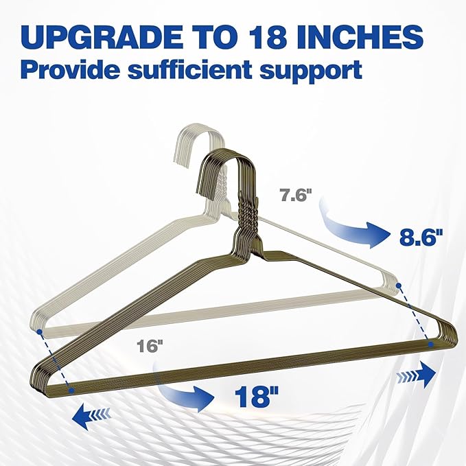 18 Inch Wire Metal Clothes Hangers Bulk 100 Pack, Extra Long for Large Size Suits, Coats, Shirts, Pants, Skirts, Ultra Thin, Space Saving, Non Slip, Bronze