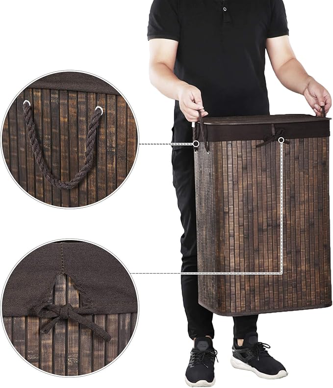 SONGMICS Laundry Hamper with Lid, Bamboo Laundry Basket with Liner Bag, Foldable Storage Hamper with Handles in Bedroom Closet Laundry, 72L, Rustic Brown ULCB10WN