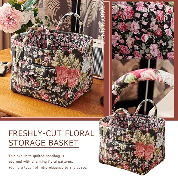 Quilted Fabric Basket Car Storage Basket Boho Floral Laundry Hamper for Nursery Bedroom & Living Room | Organize Clothes Toys