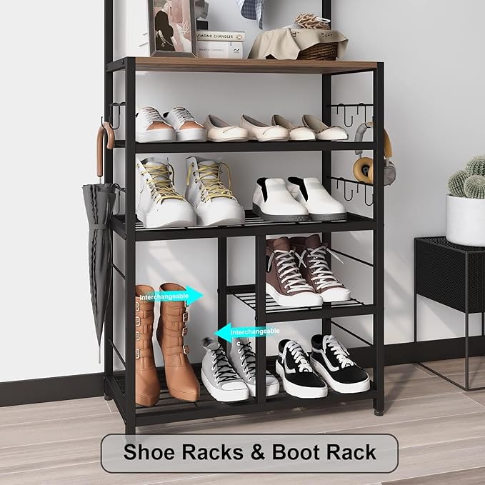 GiftGo Vintage Large 5-Tier Hall Tree with Console Table Entryway Coat Rack Floor Standing Shoes Rack Storage Shelf Organizer for Home Office Bedroom (Rustic Brown)